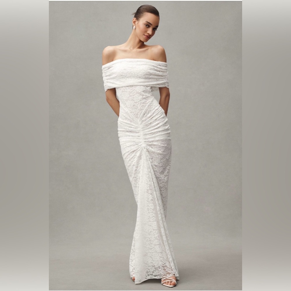 Ronny Kobo Tamsin Off-the-Shoulder Ruched Lace Maxi Dress